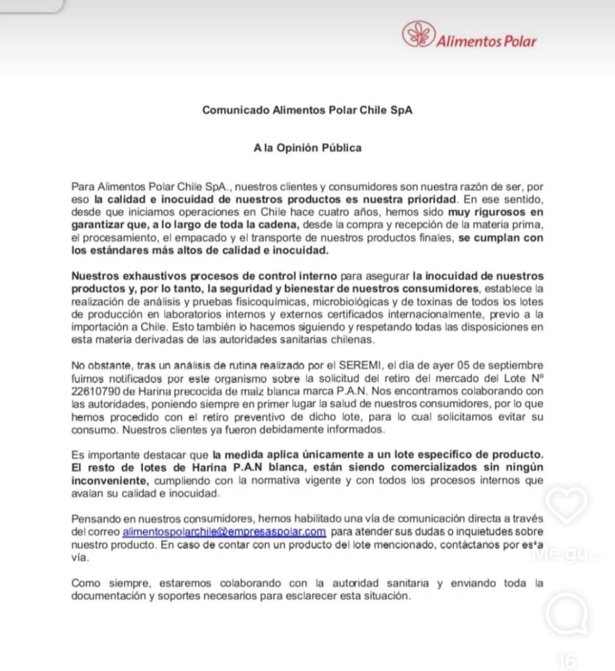 Comunicado de Alimentos Polar Chile.