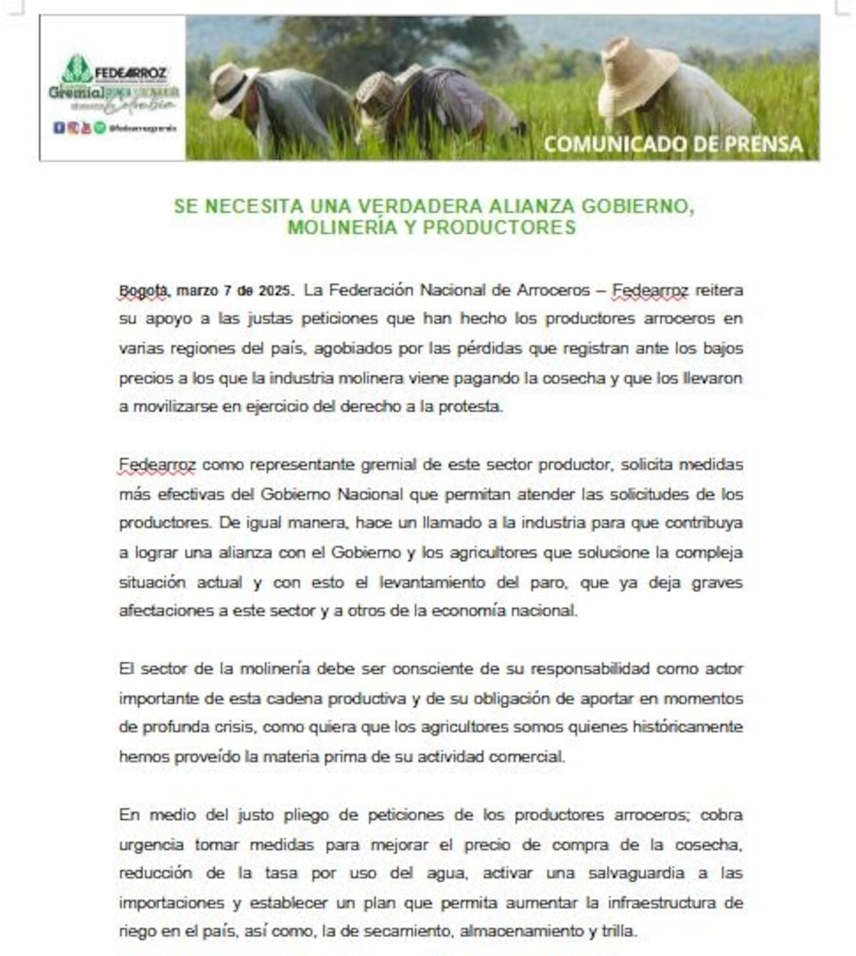 Comunicado expedido por Fedearroz ante la crisis de los productores del grano.