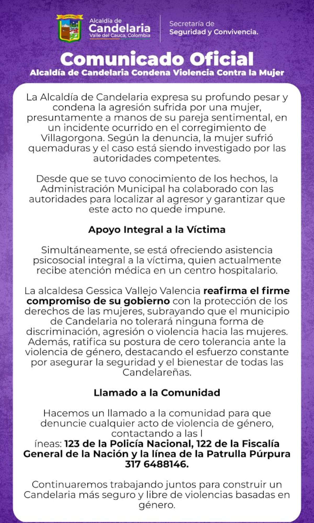 Comunicado de la Alcaldía de Candelaria - Valle del Cauca.