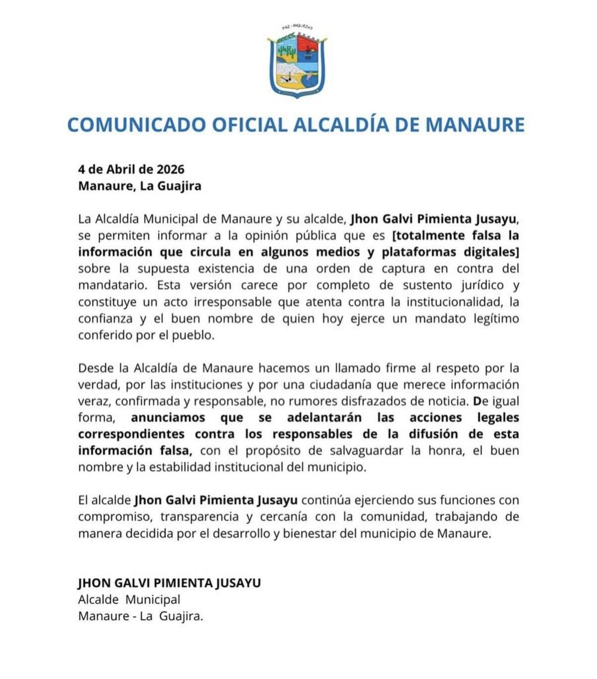 Comunicado de la Alcaldía de Manaure.