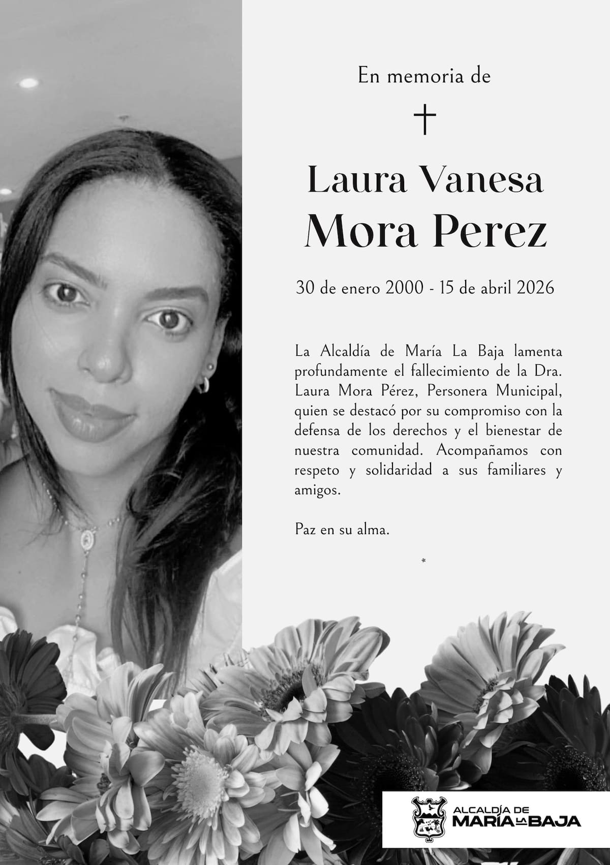 Comunicado de la Alcaldía de Marialabaja ante el fallecimiento de la personera Laura Mora Pérez. // Foto: Alcaldía de Marialabaja