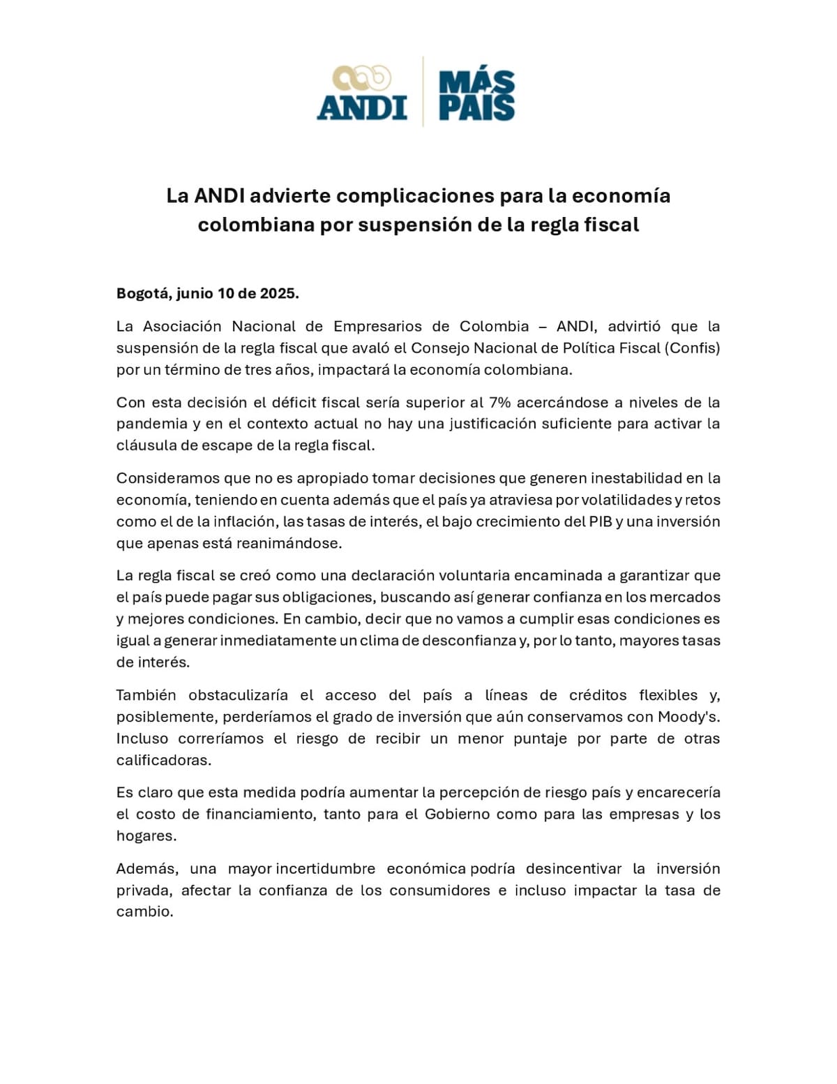 Comunicado de la Andi. // captura de pantalla