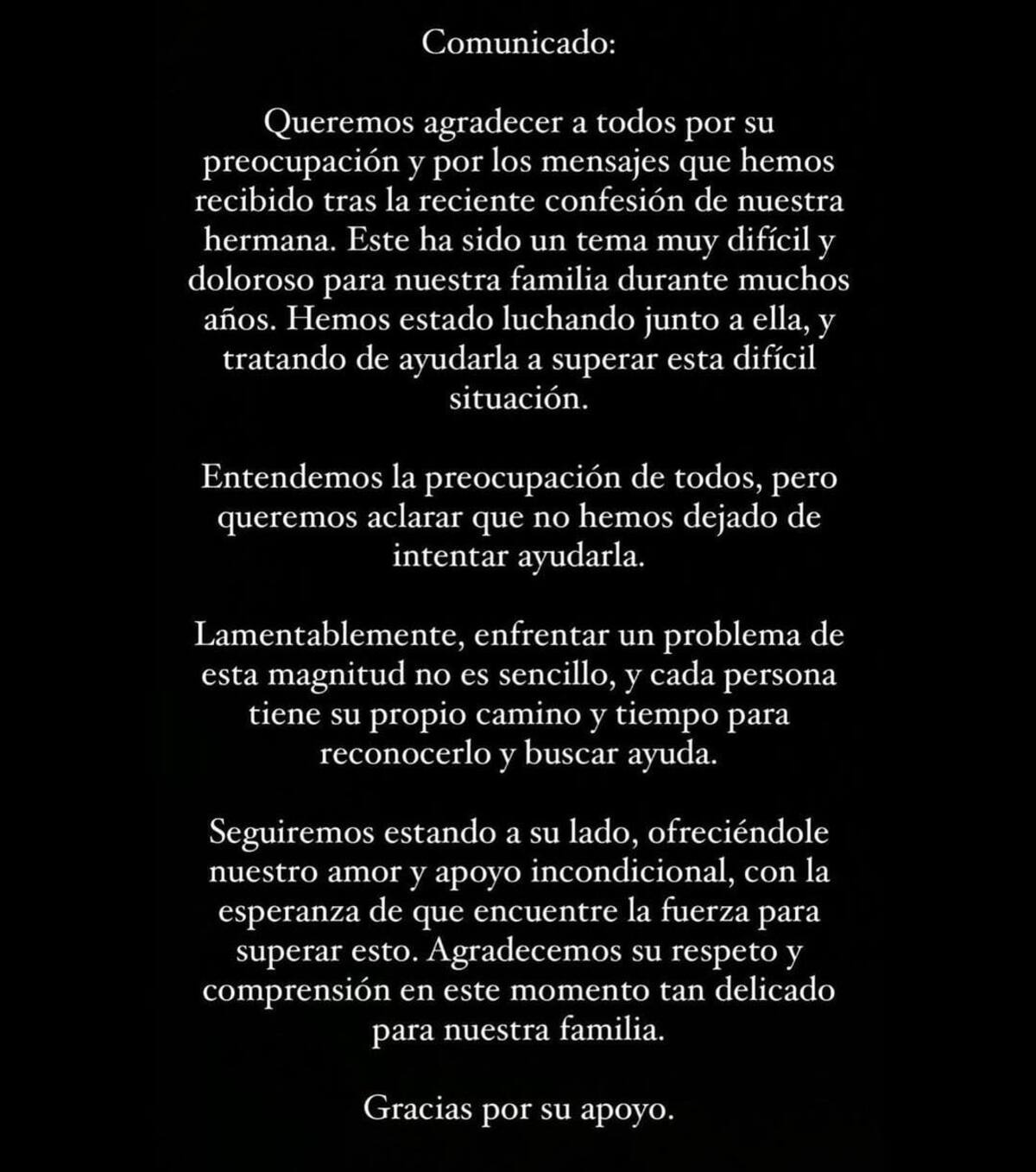 Comunicado de la familia de Angélica Jaramillo sobre su actual situación por las drogas. // Captura de pantalla.