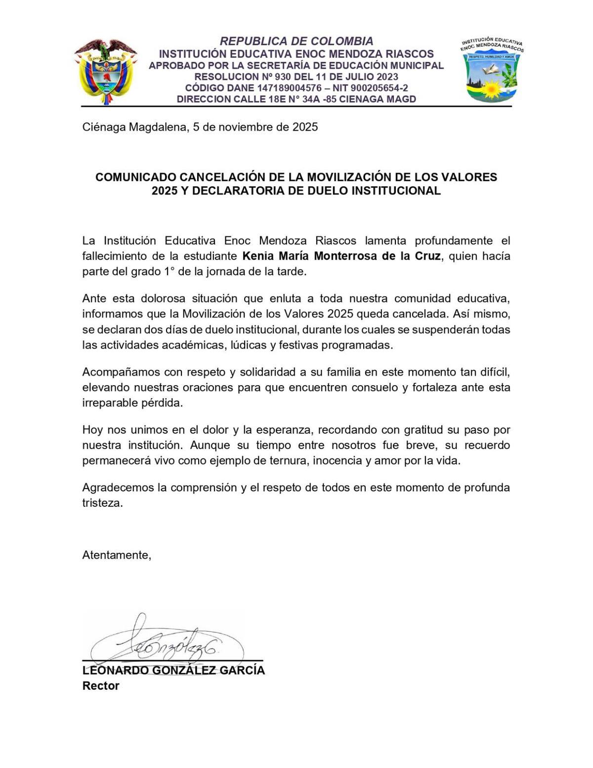 Comunicado de la Institución Educativa Enoc Mendoza por la muerte de la menor en Ciénaga, Magdalena.