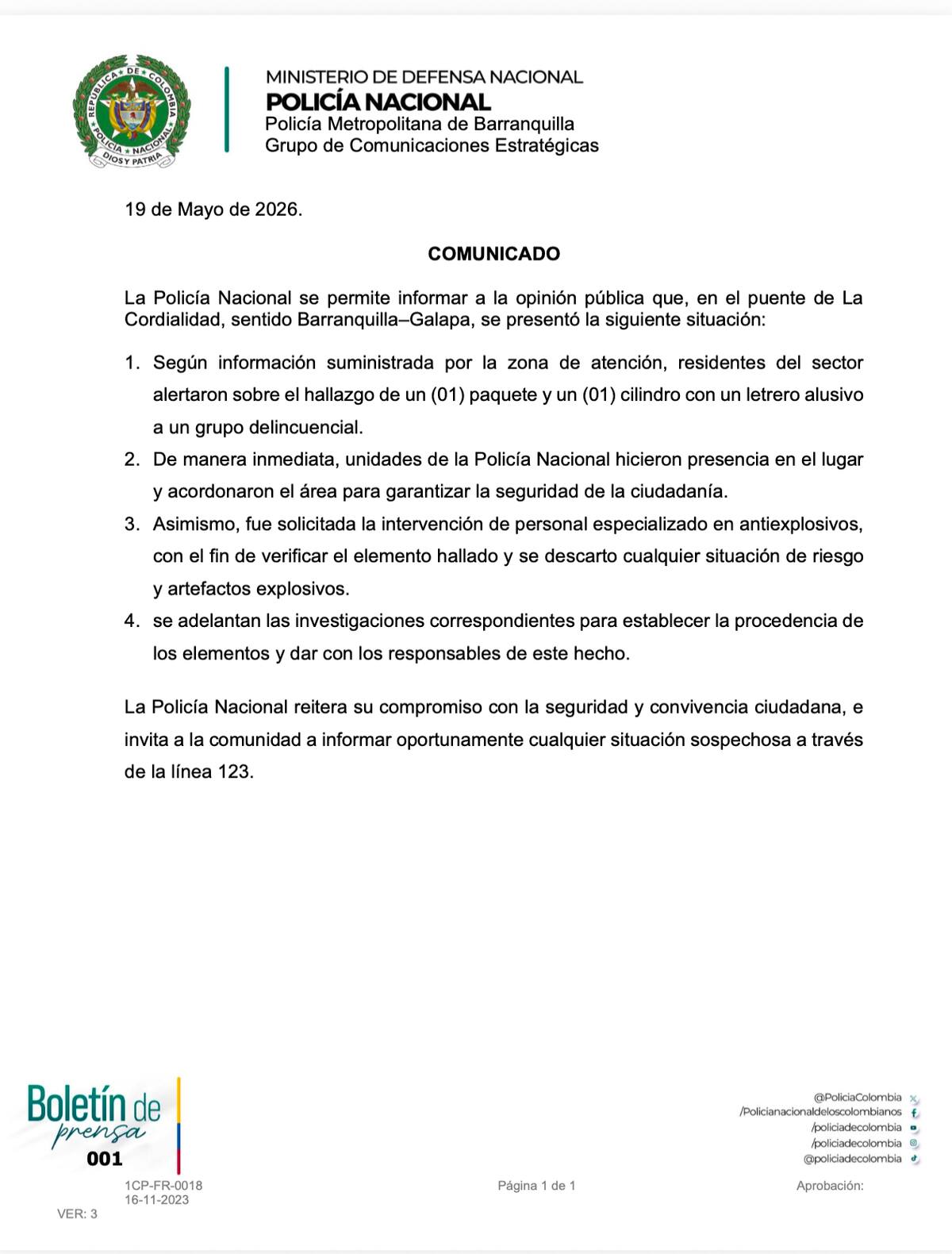 Este el comunicado emitido por la Policía Metropolitana de Barranquilla.//Cortesía Policía Mebar.