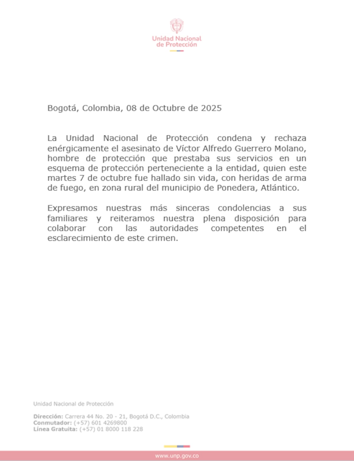 Este es el comunicado emitido por la Unidad Nacional de Protección, UNP, emitido este miércoles 8 d octubre de 2025.//Cortesía.