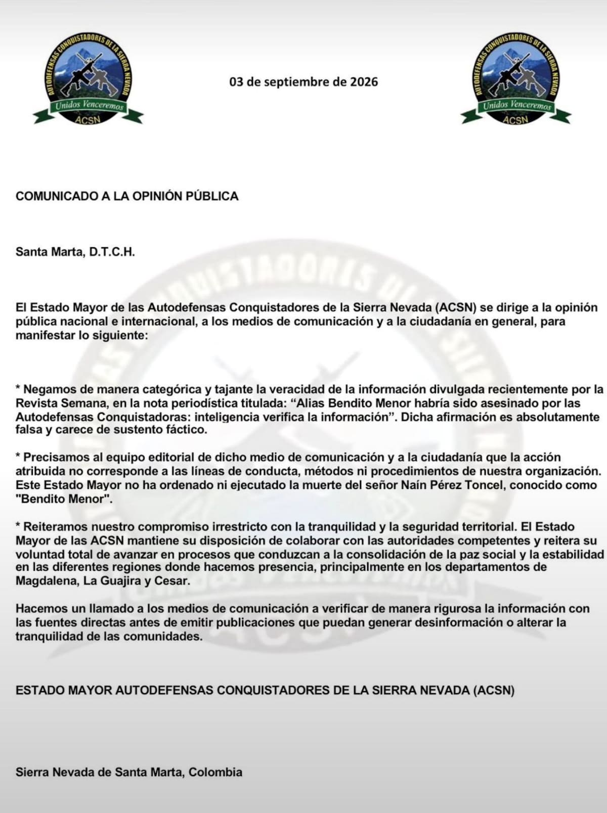 Comunicado de las Autodefensas Conquistadoras de la Sierra Nevada sobre la supuesta muerte de alias 'Bendito Menor'.