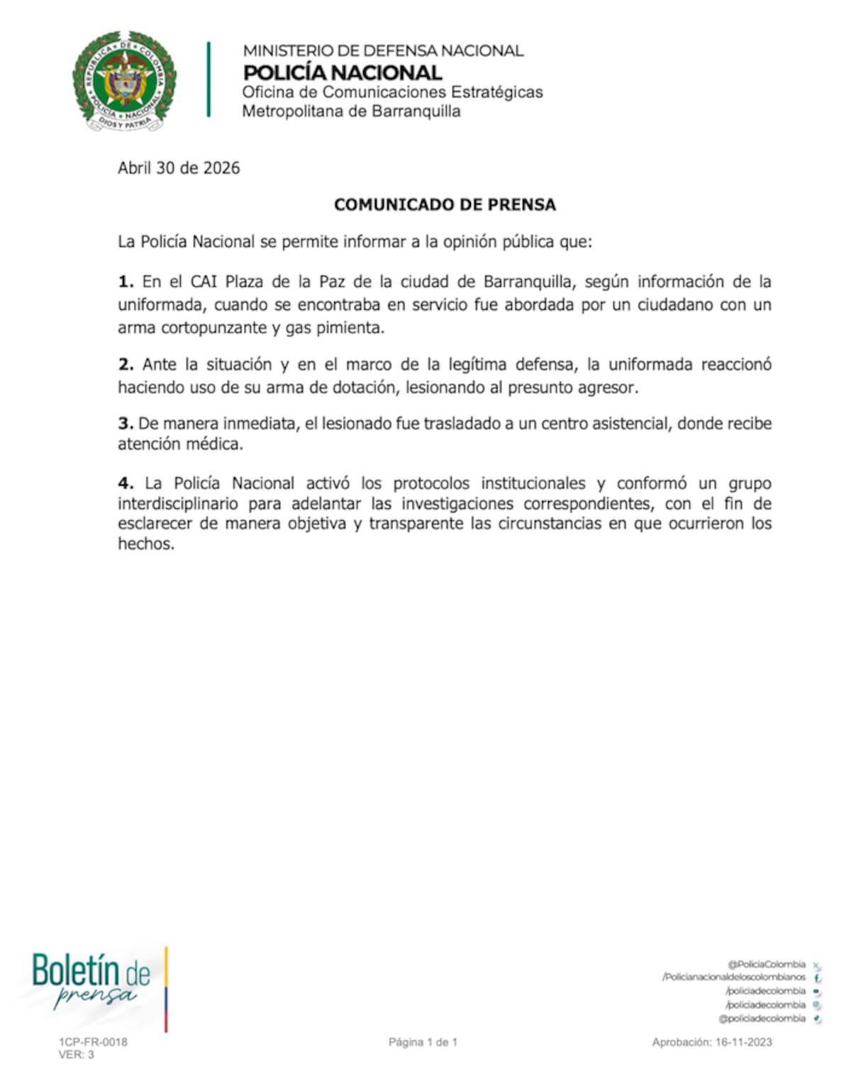 Este es el comunicado de la Policía Metropolitana de Barranquilla.//Cortesía Policía Mebar.