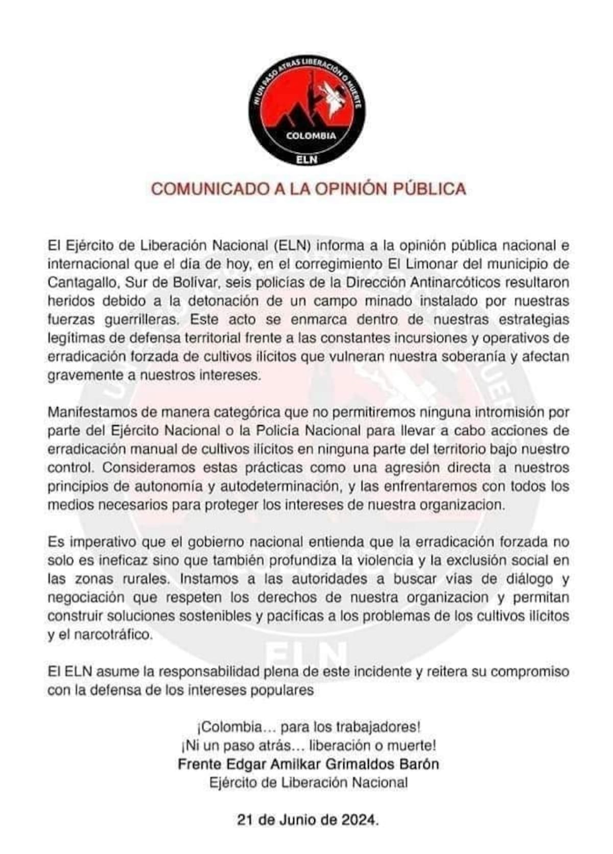 Comunicado del Eln.