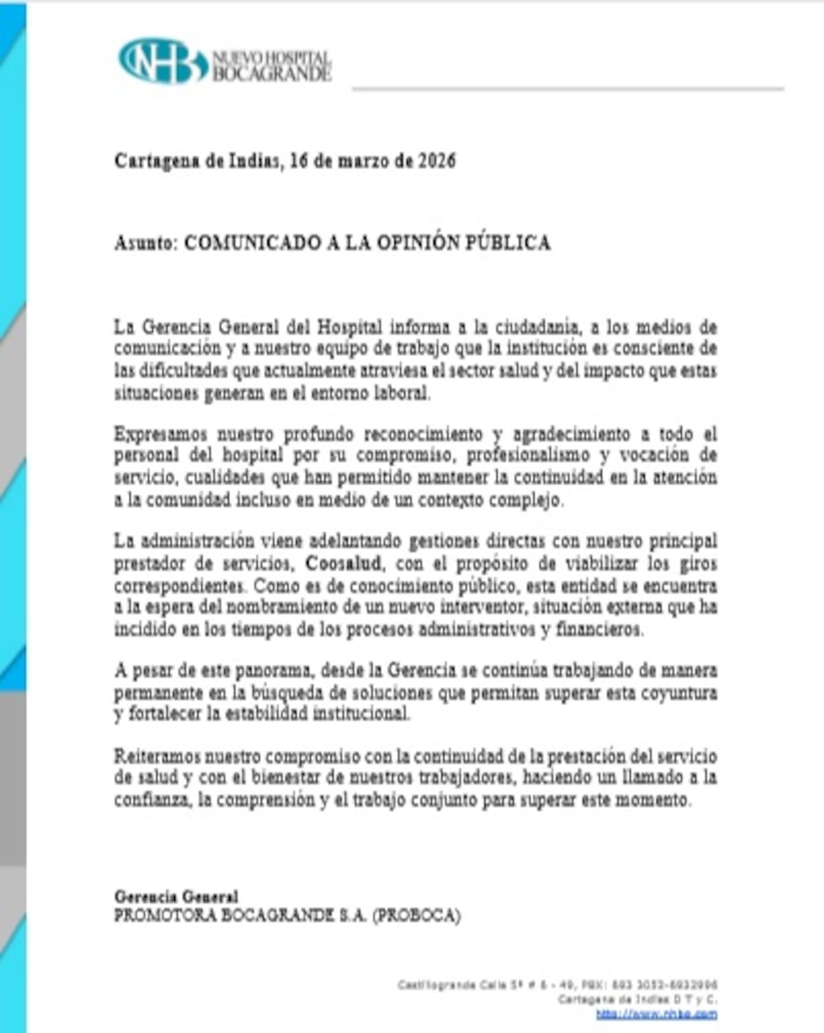 Comunicado de la Gerencia del Hospital de Bocagrande. // Foto: cortesía