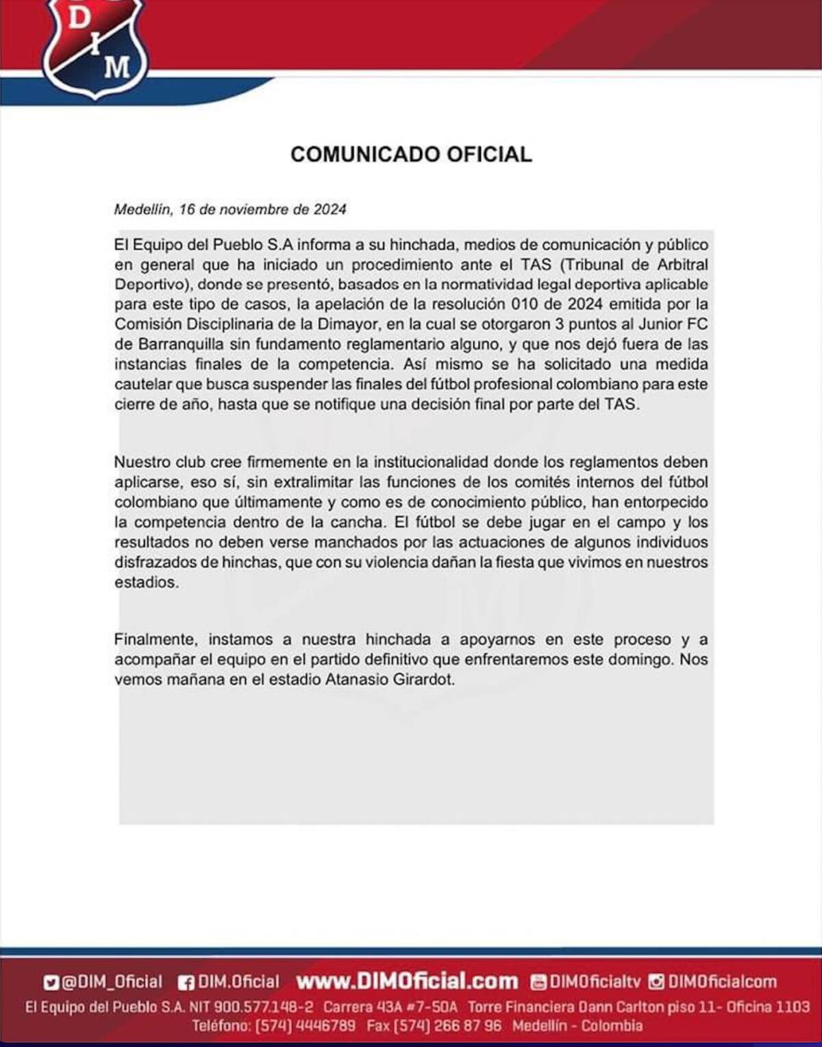 Este es el comunicado dado a conocer este sábado por el Independiente Medellin, donde solicita medida cautelar para suspender la final del fútbol colombiano.//Captura de pantalla.