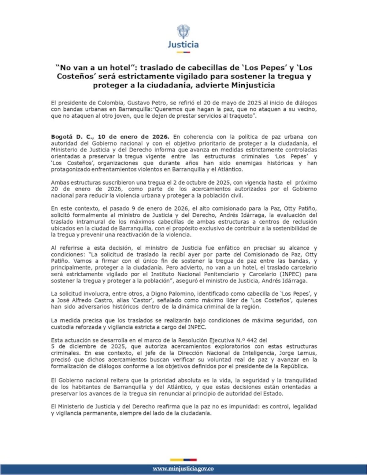Comunicado del Ministerio de Justicia y del Derecho.//Cortesía Minjusticia.