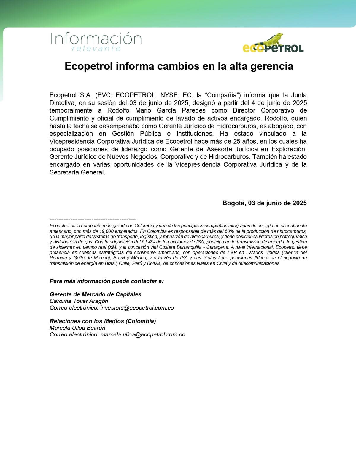 Comunicado de Ecopetrol. // Foto: tomada de X @ECOPETROL_SA.