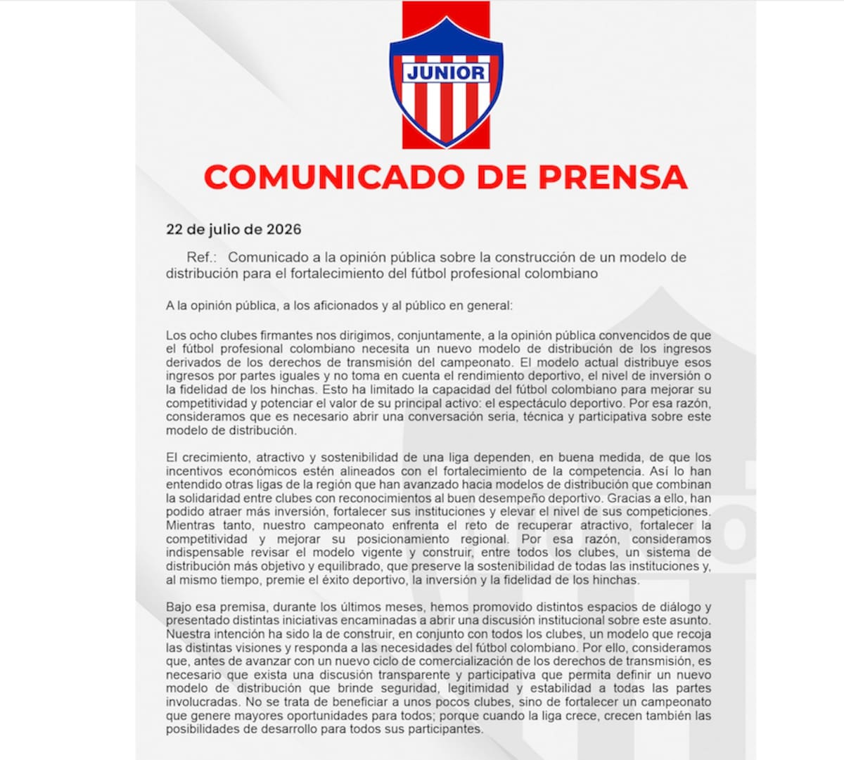 Primera parte del comunicado emitido este miércoles por los equipos Junior de Barranquilla, América de Cali, Deportivo Cali, Atlético Nacional, Millonarios, Independiente Medellín, Independiente Santa Fe y Once Caldas.//Cortesía@JuniorClubSA.