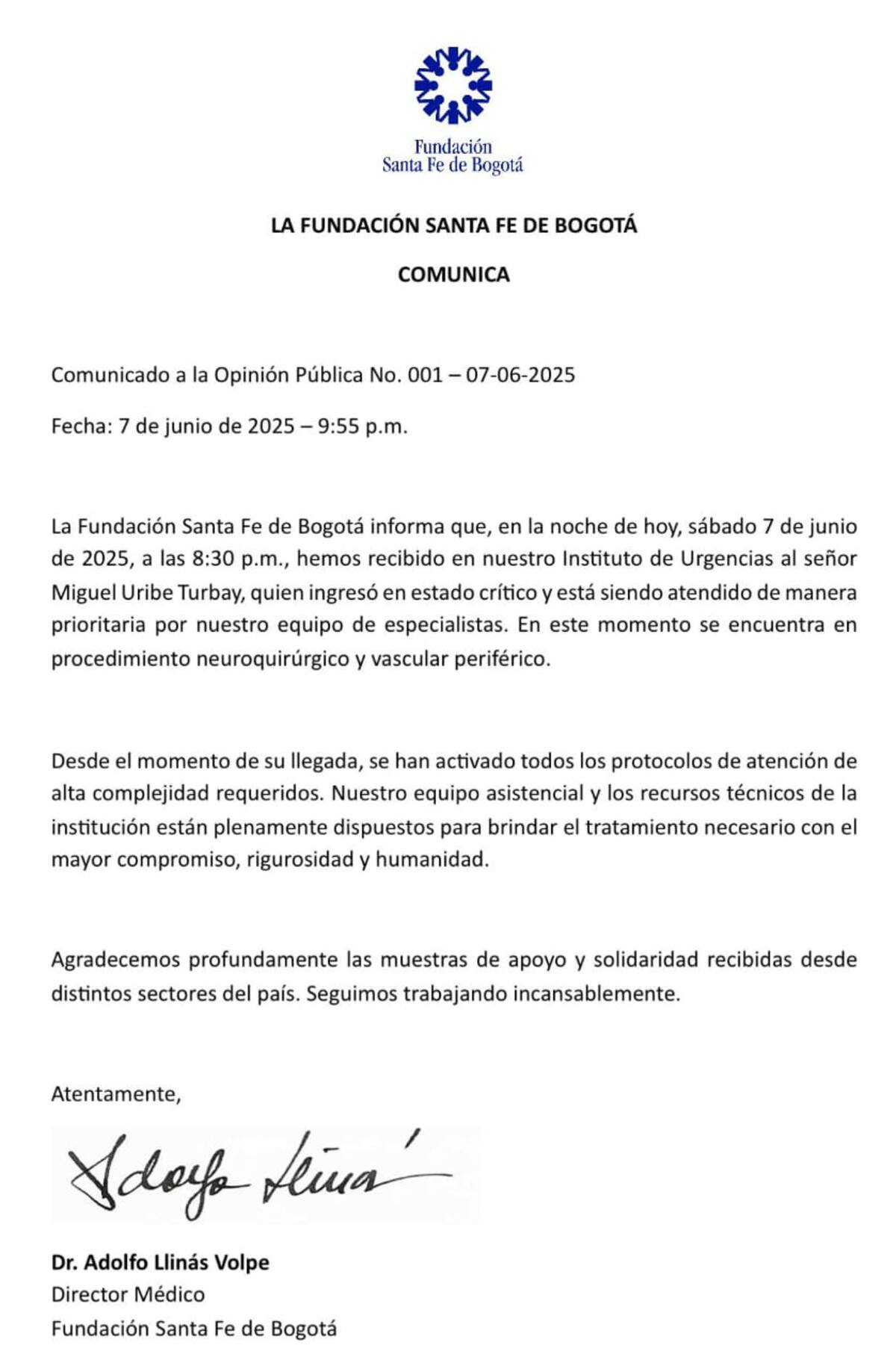 Comunicado Fundación Santa Fe sobre estado de salud de Miguel Uribe.