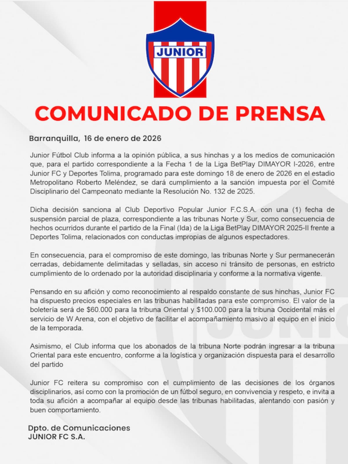 Este es el comunicado emitido oportunamente Junior sobre la sanción. de las dos gradas del Estadio Metropolitano.//Captura de pantalla.