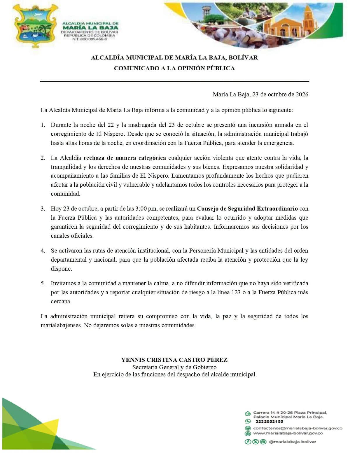 Comunicado oficial de la Alcaldía de Marialabaja sobre la incursión armada.