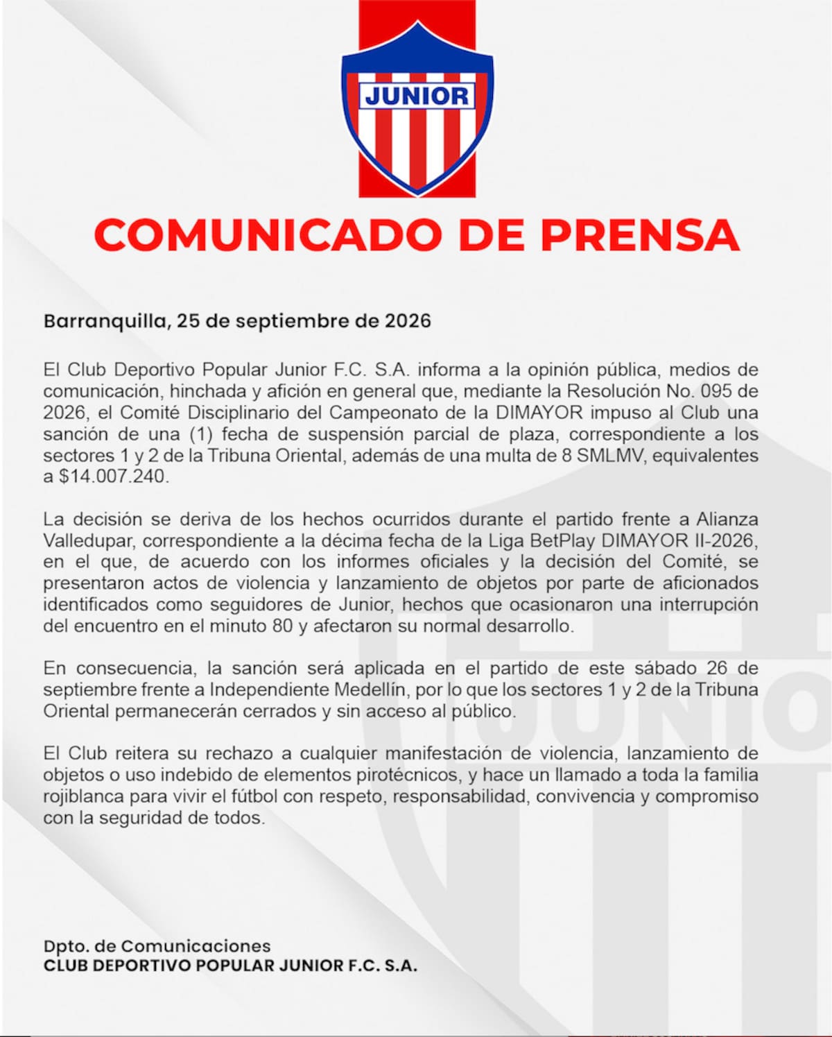 Comunicado emitido por Junior de Barranquilla.//Captura de pantalla.