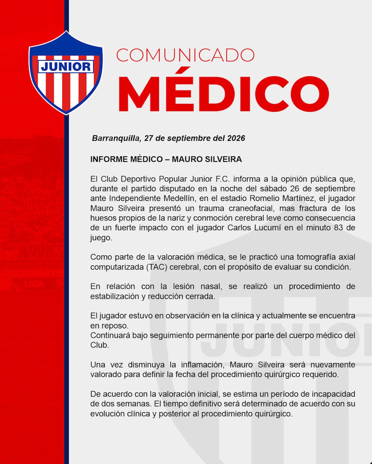 Este es el comunicado emitido por Junior de Barranquilla sobre la lesión sufrida el arquero Mauro Silveira.//Captura de pantalla.