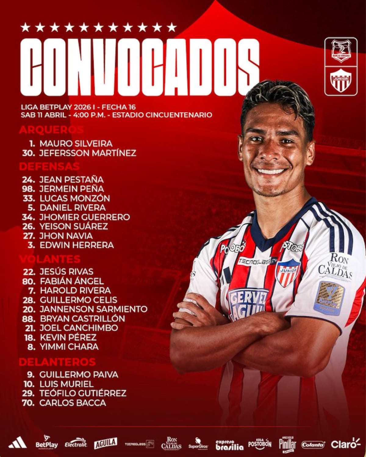 Esta es la lista de los jugadores que Junior convocó para el partido ante Águilas Doradas.//Cortesía @JuniorClubSA.