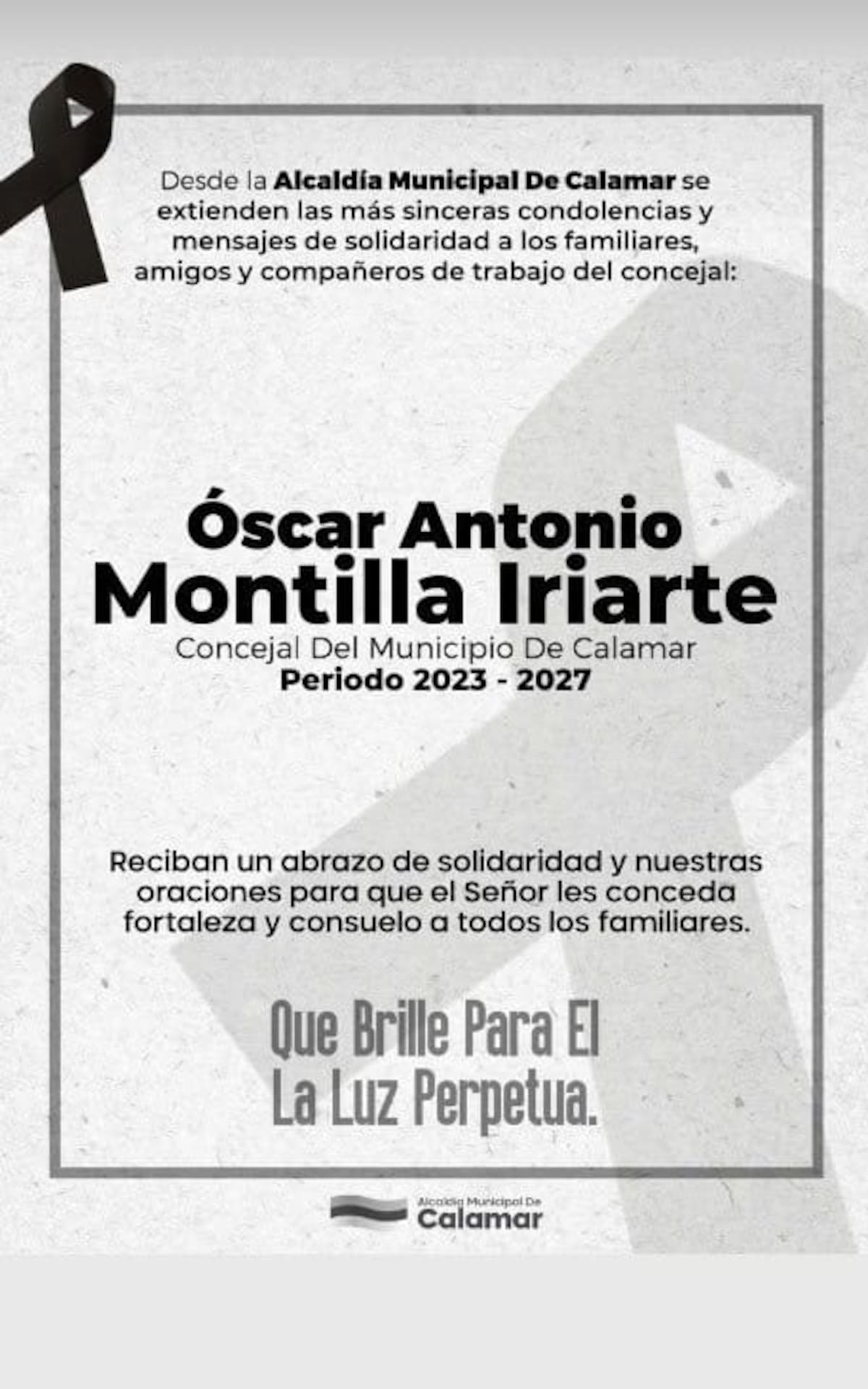 Comunicado emitido por la Alcaldía Municipal de Calamar, Bolívar.