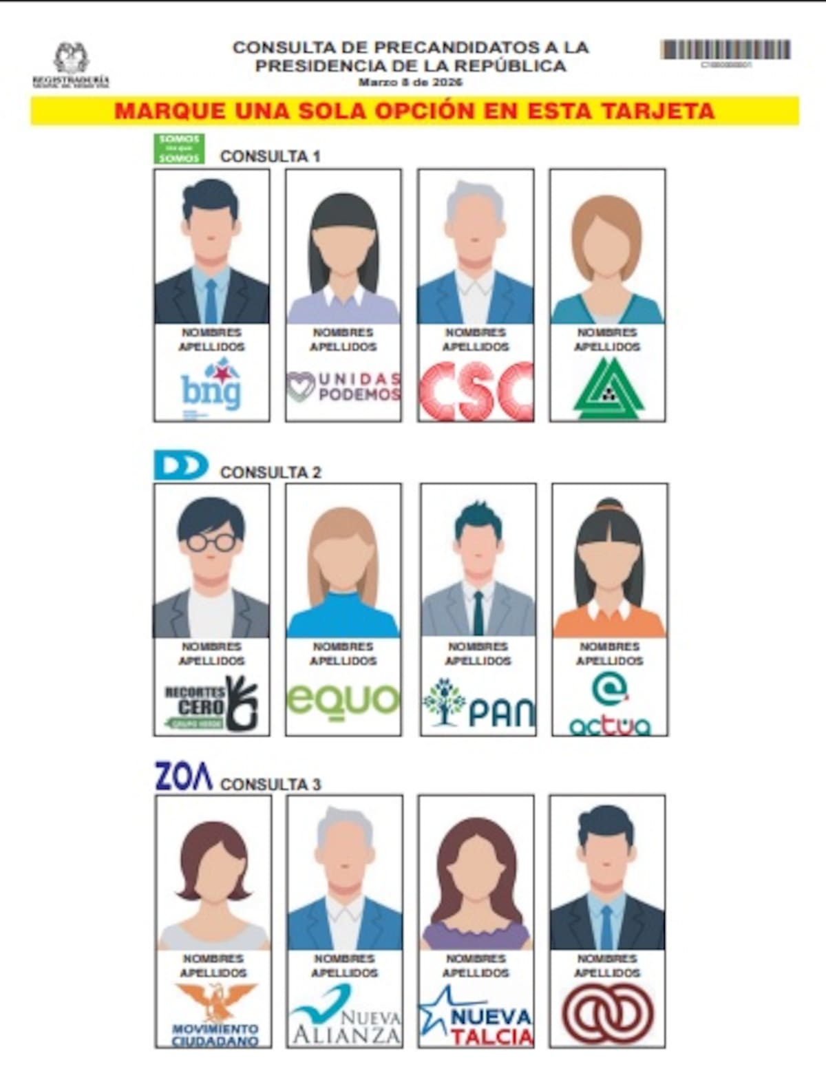 Tarjeta electoral para las consultas interpartidistas del 8 de marzo de 2026. // Foto: Cortesía - Registraduría Nacional del Estado Civil.