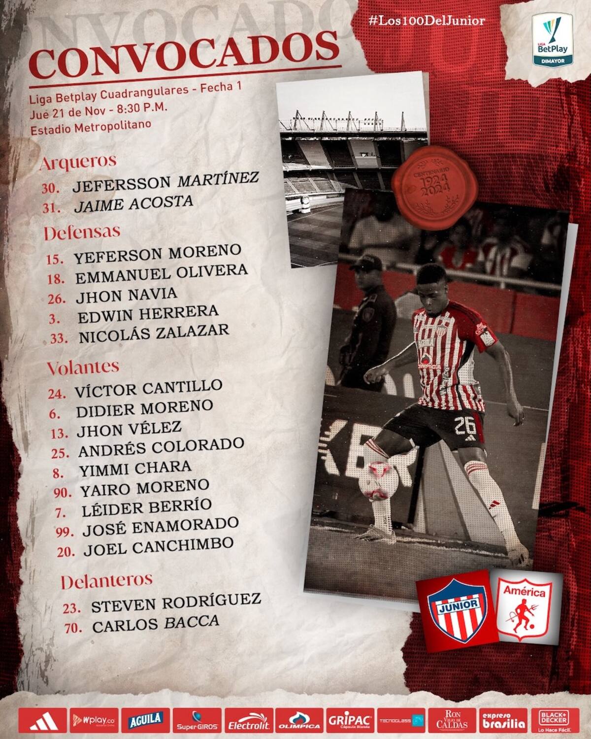 Los jugadores convocador por Junior de Barranquilla que este jueves enfrenta al América de Cali por la primera fecha de la semifinal de la Liga BetPlay Dimayor II.