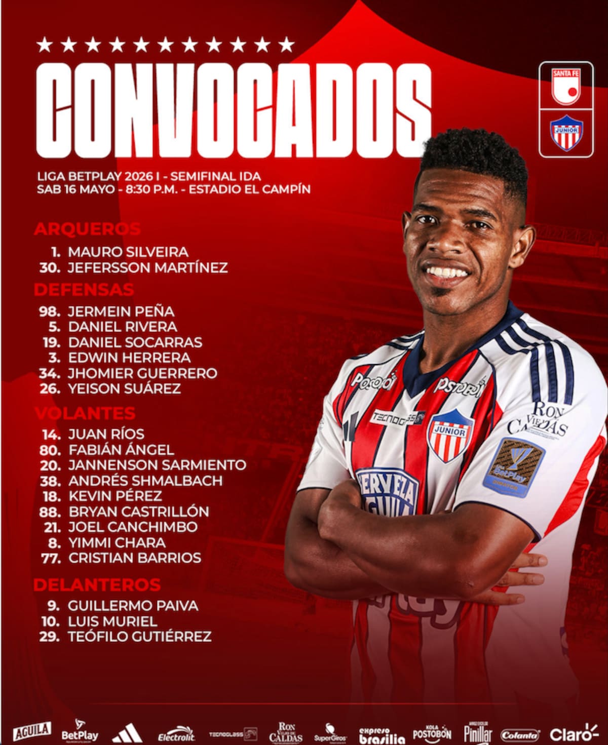 Esta es la lista de 20 jugadores con los que Junior enfrenta esta noche a Independiente Santa Fe en Bogotá.//Cortesía @JuniorClubSA.