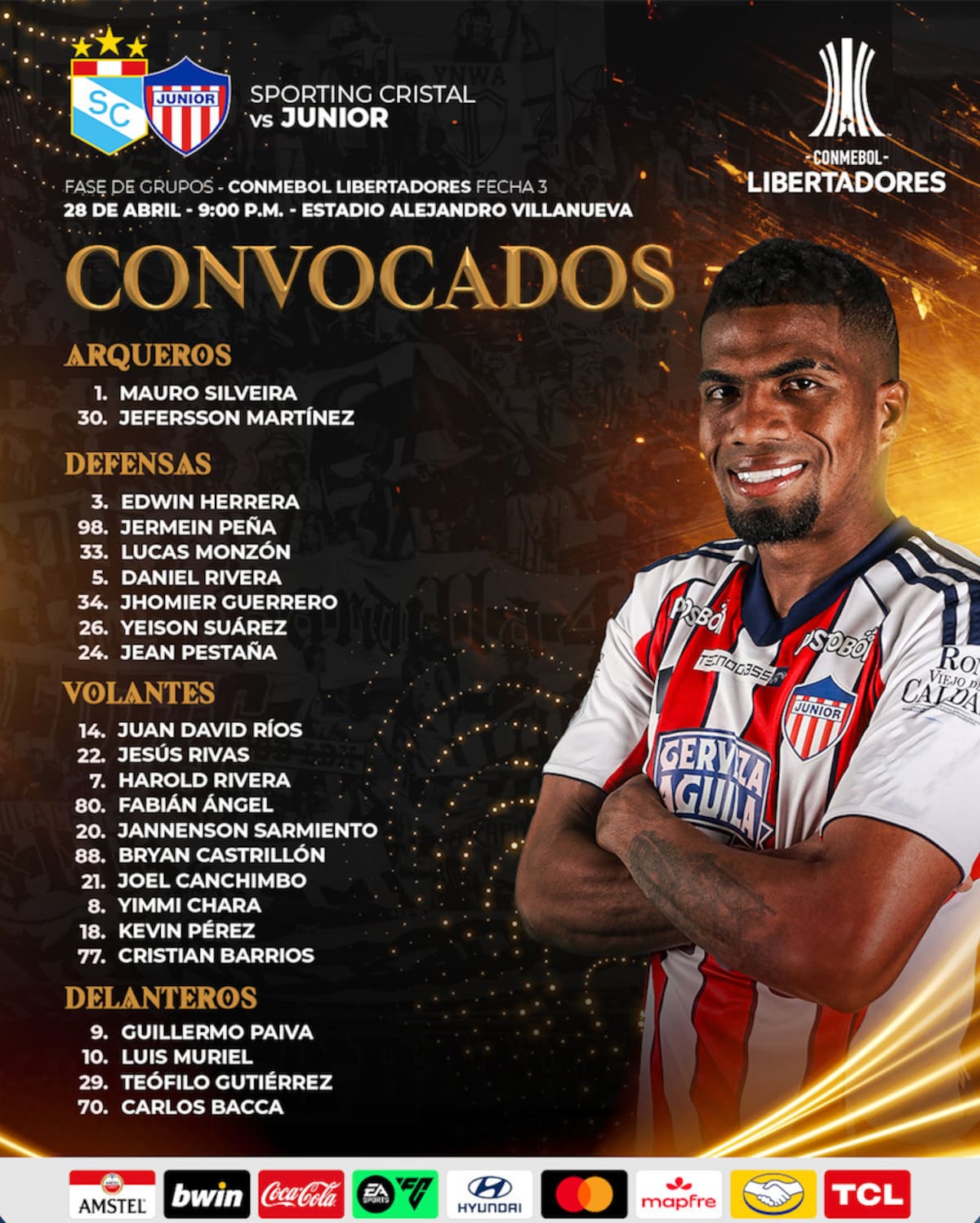 Esta es la lista de jugadores convocados por Junior con miras al partido de hoy ante Sporting Cristal por Copa Libertadores.//Cortesía @JuniorClubSA.