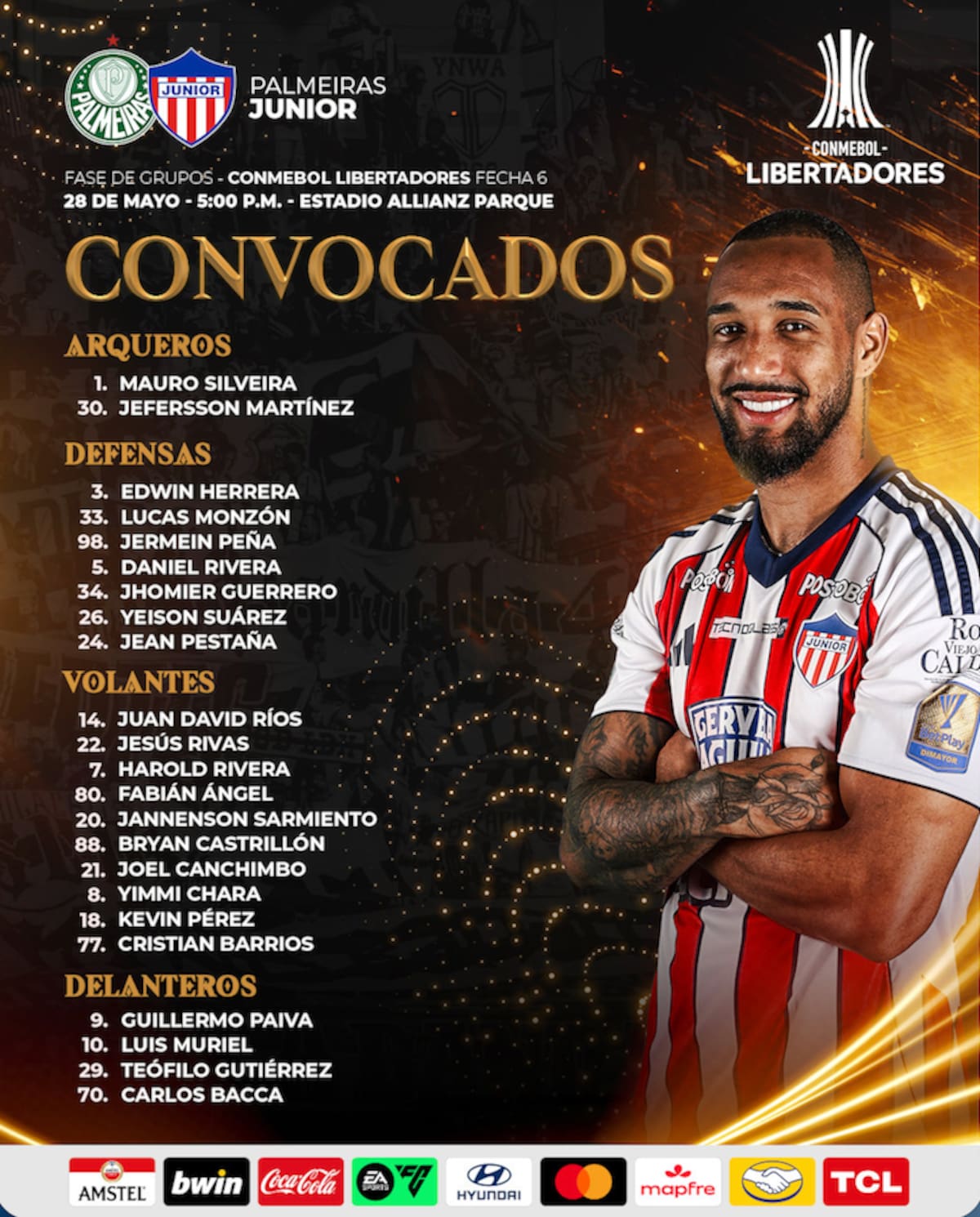 Esta es la lista de 23 jugadores con los que Junior de Barranquilla enfrentará este jueves a Palmeiras por la sexta fecha de la Copa Conmebol Libertadores.//@JuniorClubSA.