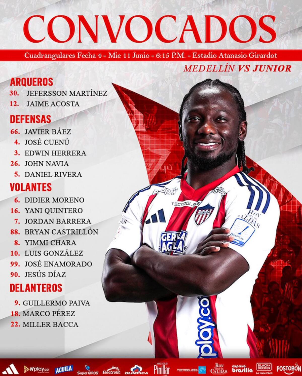 Esta es la nómina de Junior que convocó el técnico César farias para el partido de esta noche ante el Independiente Medellin.//Cortesía.
