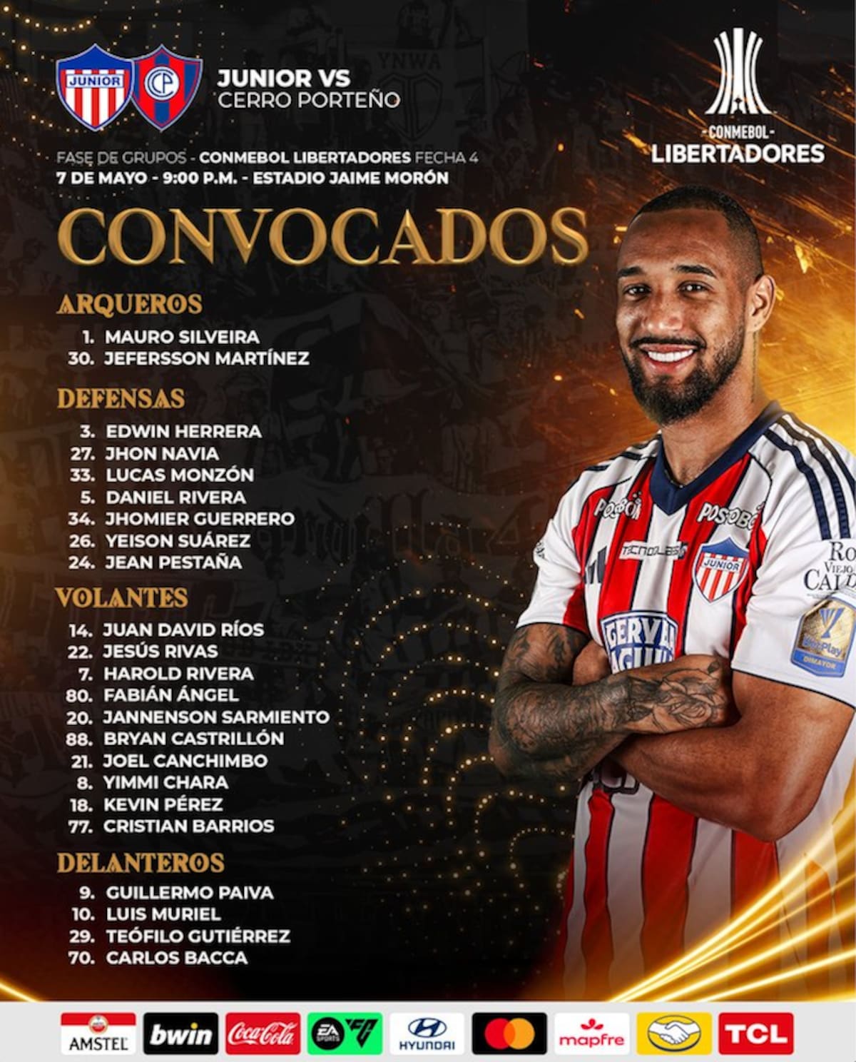 Lista de jugadores de Junior de Barranquilla escogidos para el partido d este jueves an te Cerro Porteño por Copa Libertadores de América.//Cortesía @JuniorClubSA.