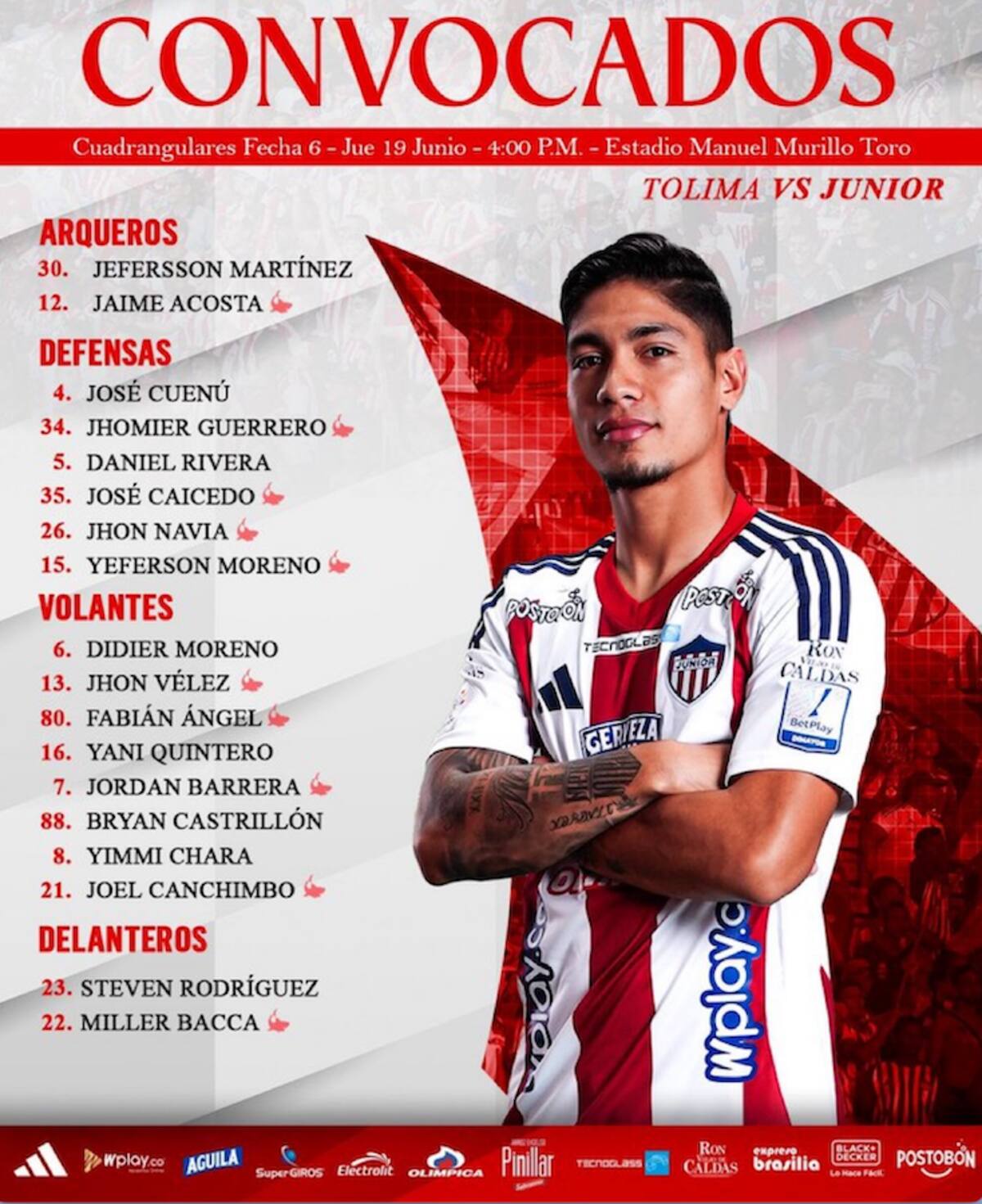 Esta es la lista de convocados por Junior para el partido de esta tarde ante Deportes Tolima.//Cortesía.
