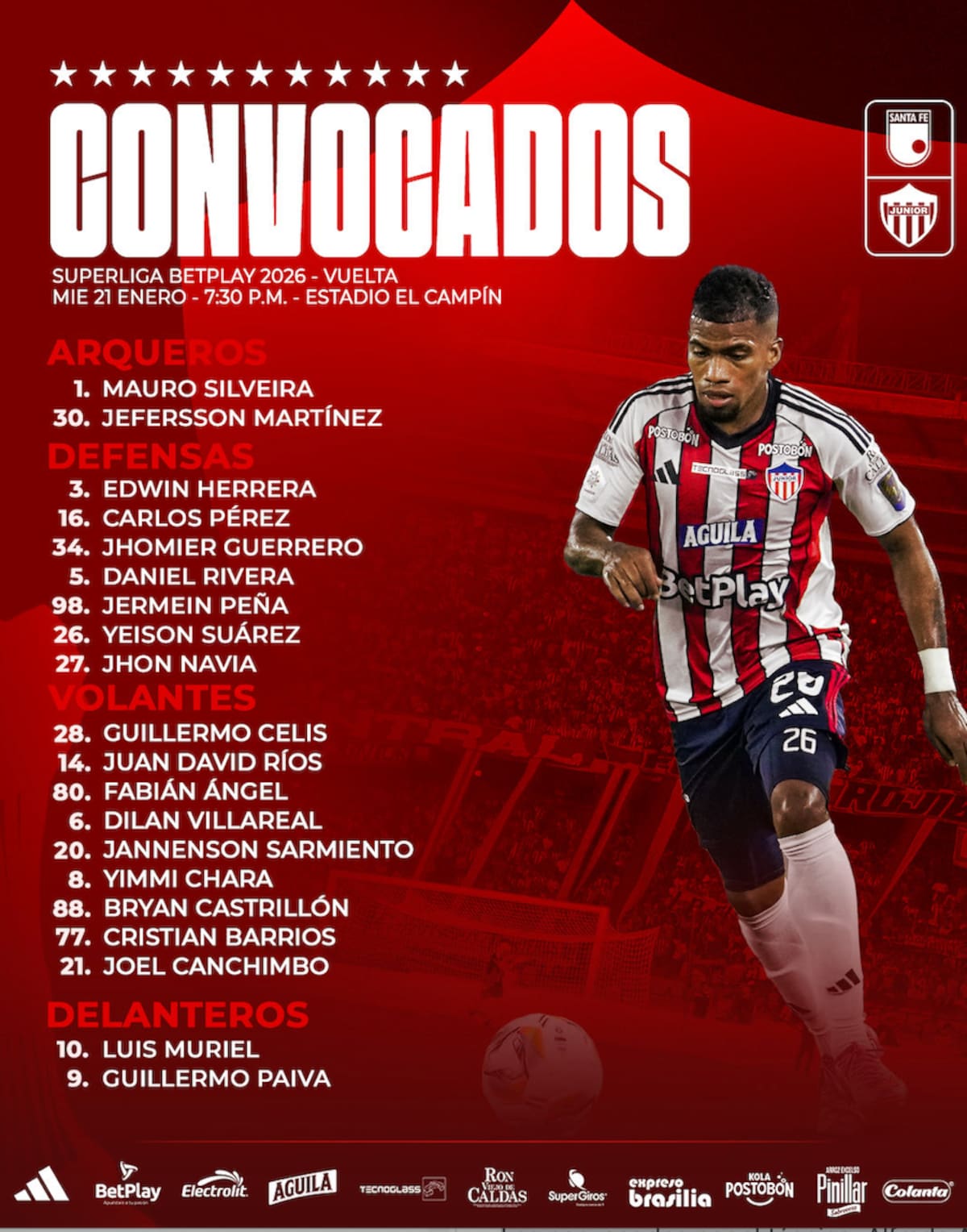 Este es listado de los jugadores convocados por Junior para el partido de vuelta por al final de la Superliga BetPlay Dimayor.//Cortesía @JuniorClubSA.