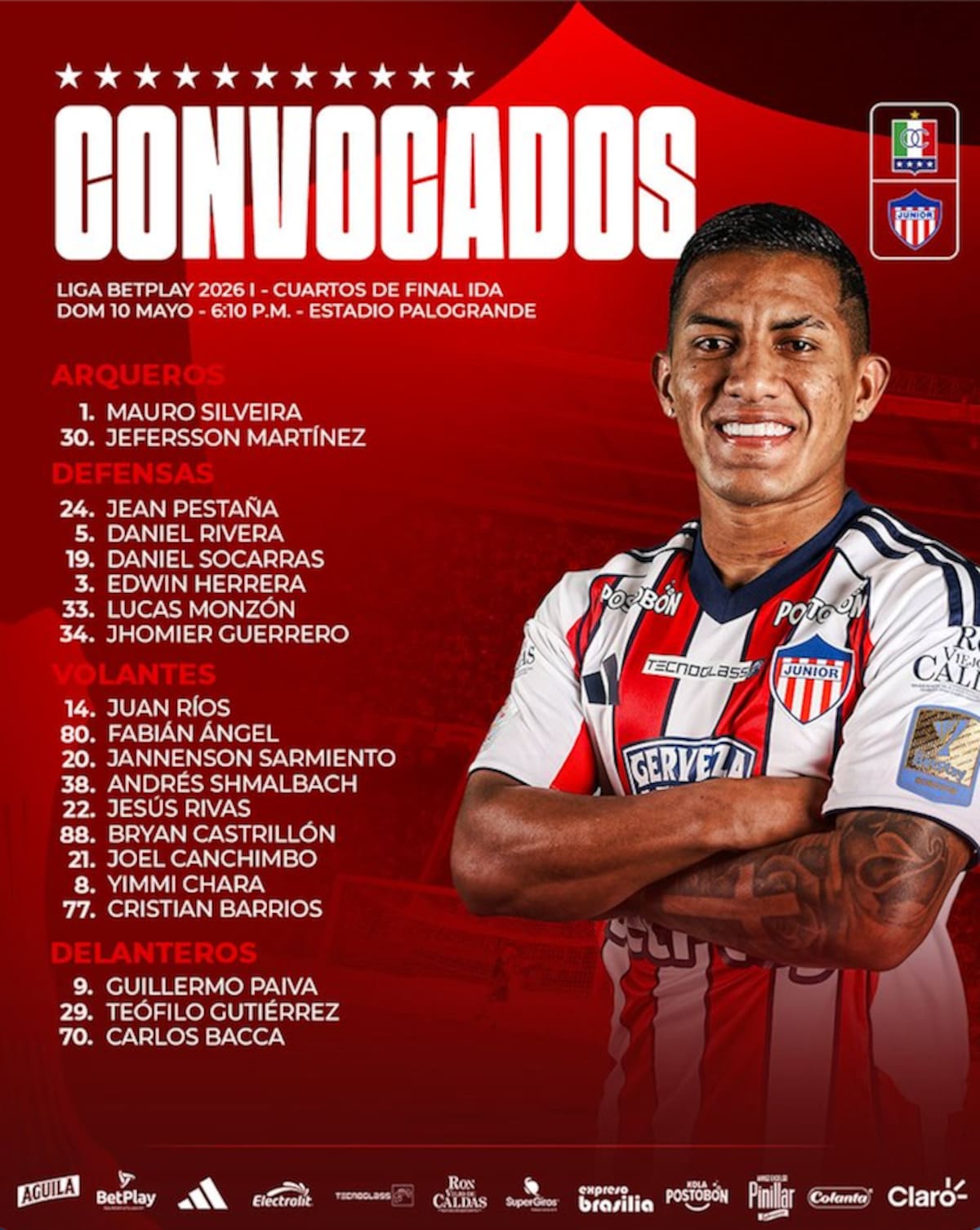 Esta es la lista de convocados Junior de Barranquilla para el partido de este domingo al Once Caldas por los playoffs de la Liga BetPlay.//Cortesía @JuniorClubSA.
