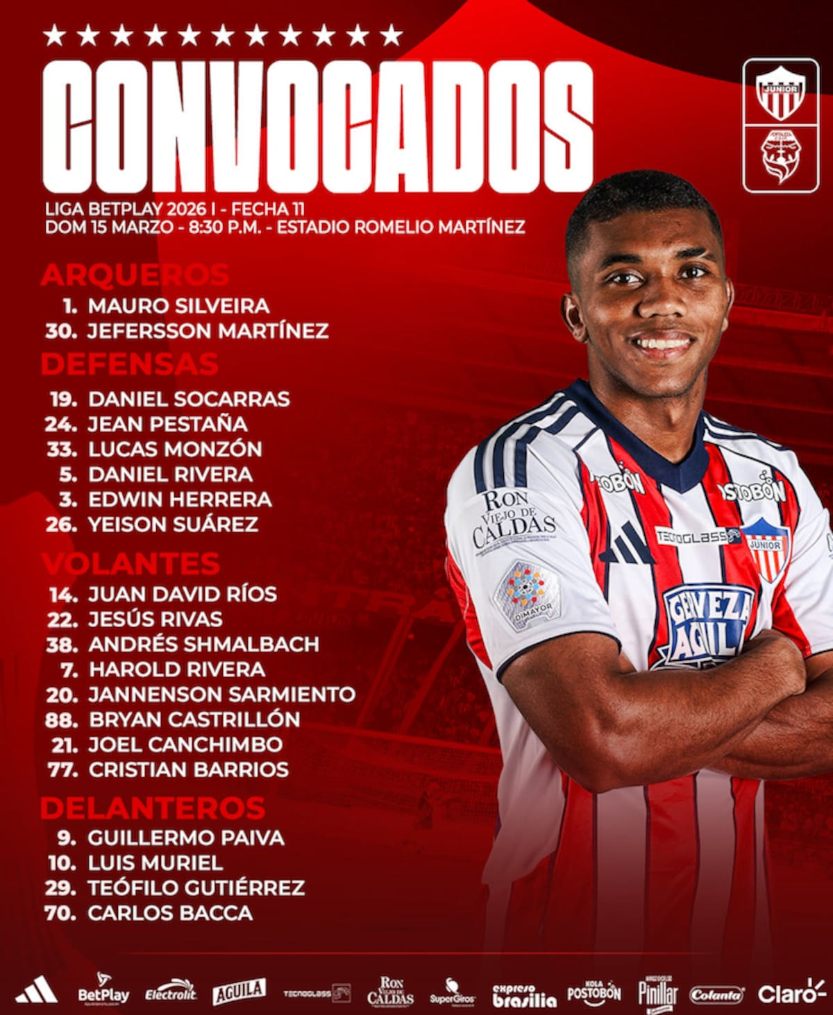 Lista de jugadores de Junior de Barranquilla convocados para el partido de este domino ante Fortaleza por la Liga BetPlay.//Cortesía @JuniorClubSA.