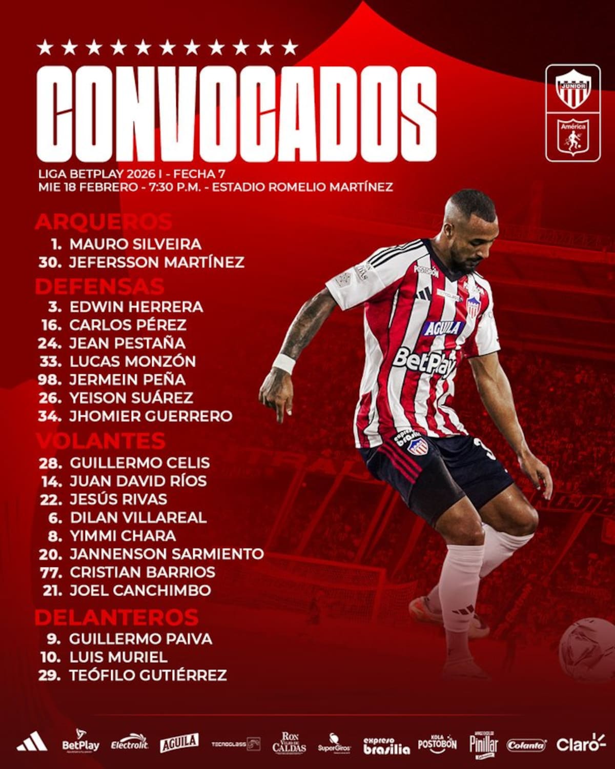 Este es el listado de los jugadores convocados por Junior para el juego ante América de Cali.//Cortesía @JuniorClubSA.
