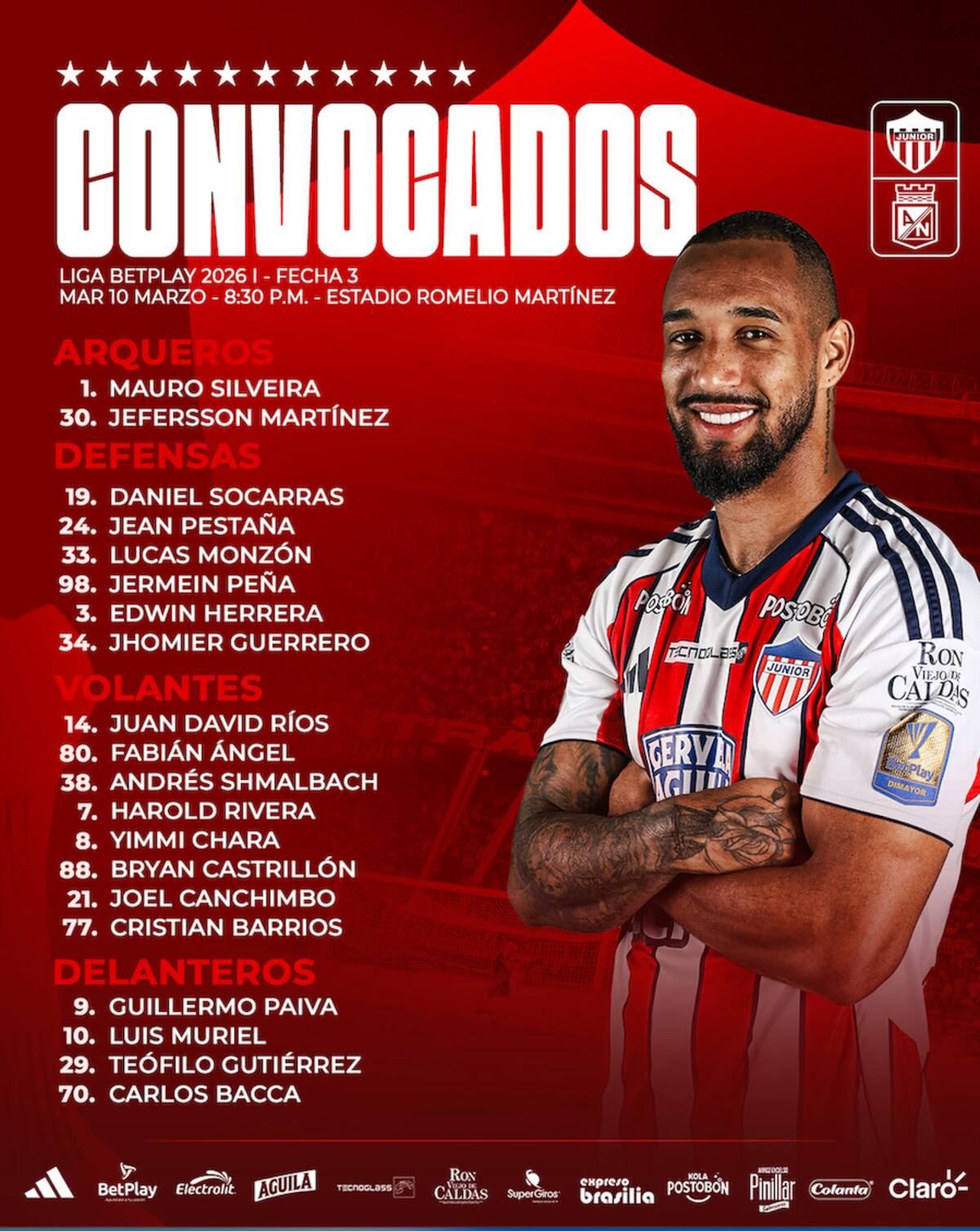 Esta es la lista de convocados por Junior para el partido de este martes ante Atlético Nacional por la Liga BetPlay Dimayor.//Cortesía @JuniorClubSA.