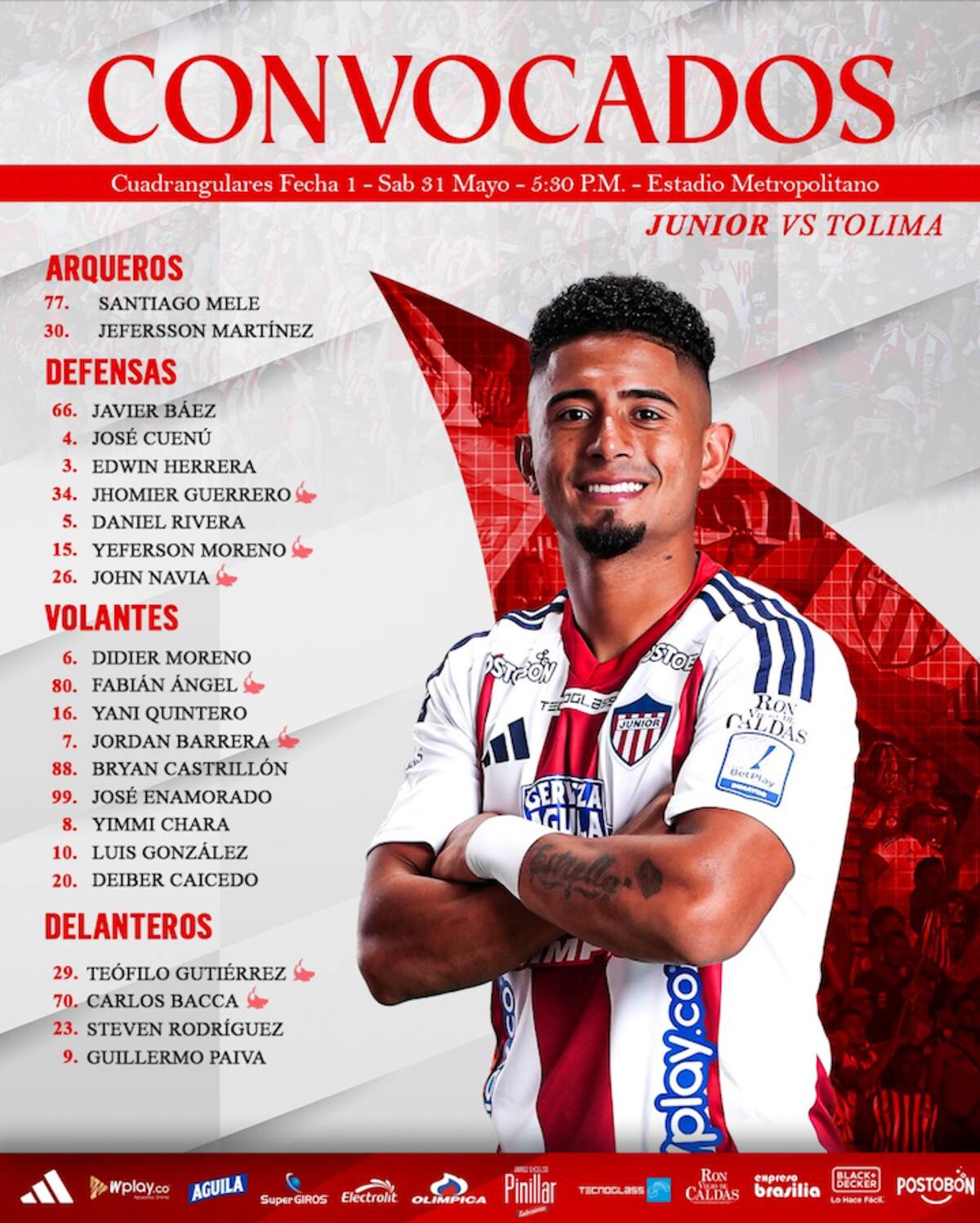 La lista de los 22 jugadores de Junior que el técnico César Farías convocó para el juego hoy sábado ante Deportes Tolima en el estadio Roberto Meléndez.//Cortesía.