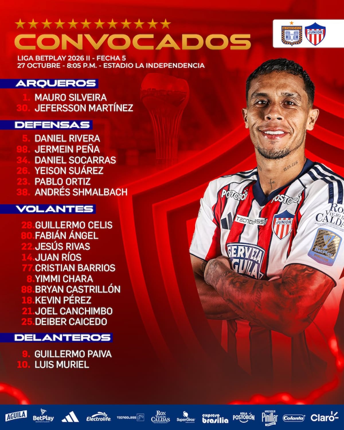 Estos son los convocados por Junior para enfrentar esta noche a Boyacá Chicó en Tunja por la quinta fecha del Torneo Clausura de la Liga BetPlay Dimayor.//@JuniorClubSA.