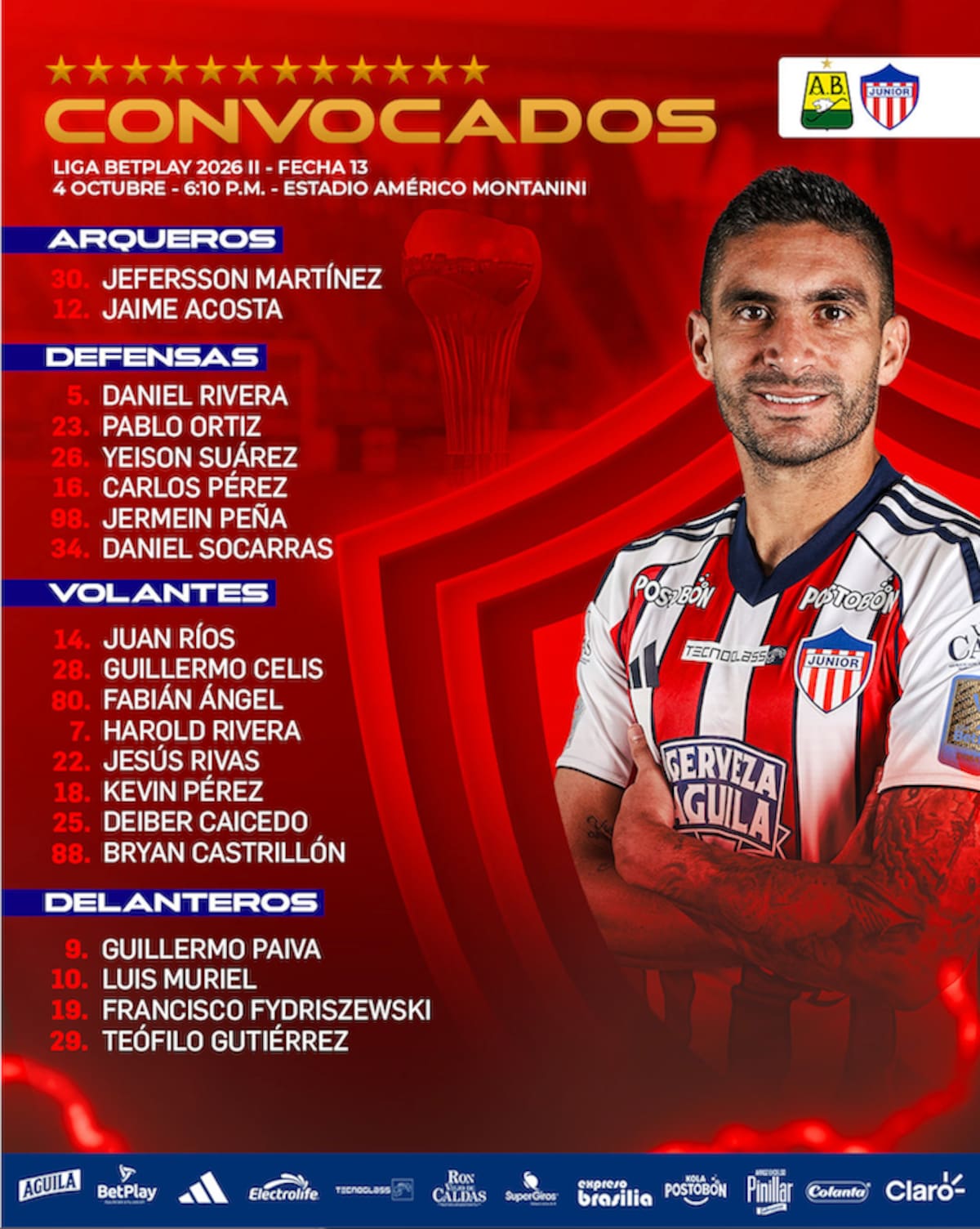 Esta es la lista de convocados por Junior de Barranquilla para enfrentar este domingo al Atlético Bucaramanga por la Liga BetPlay.//Cortesía @JuniorClubSA.