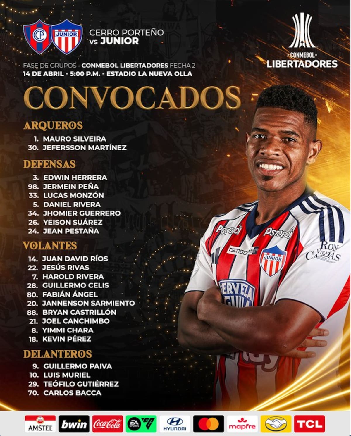 Estos son los 23 jugadores que convocó Junior para el juego de este martes ante Cerro Porteño por Copa Conmebol Libertadores.//Cortesía @JuniorClubSA.