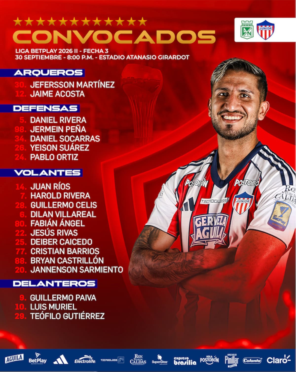 Esta es la lista de convocados por Junior de Barranquilla para enfrentar este miércoles por la noche Atlético Nacional por la Liga BetPlay Dimayor.//@JuniorClubSA.
