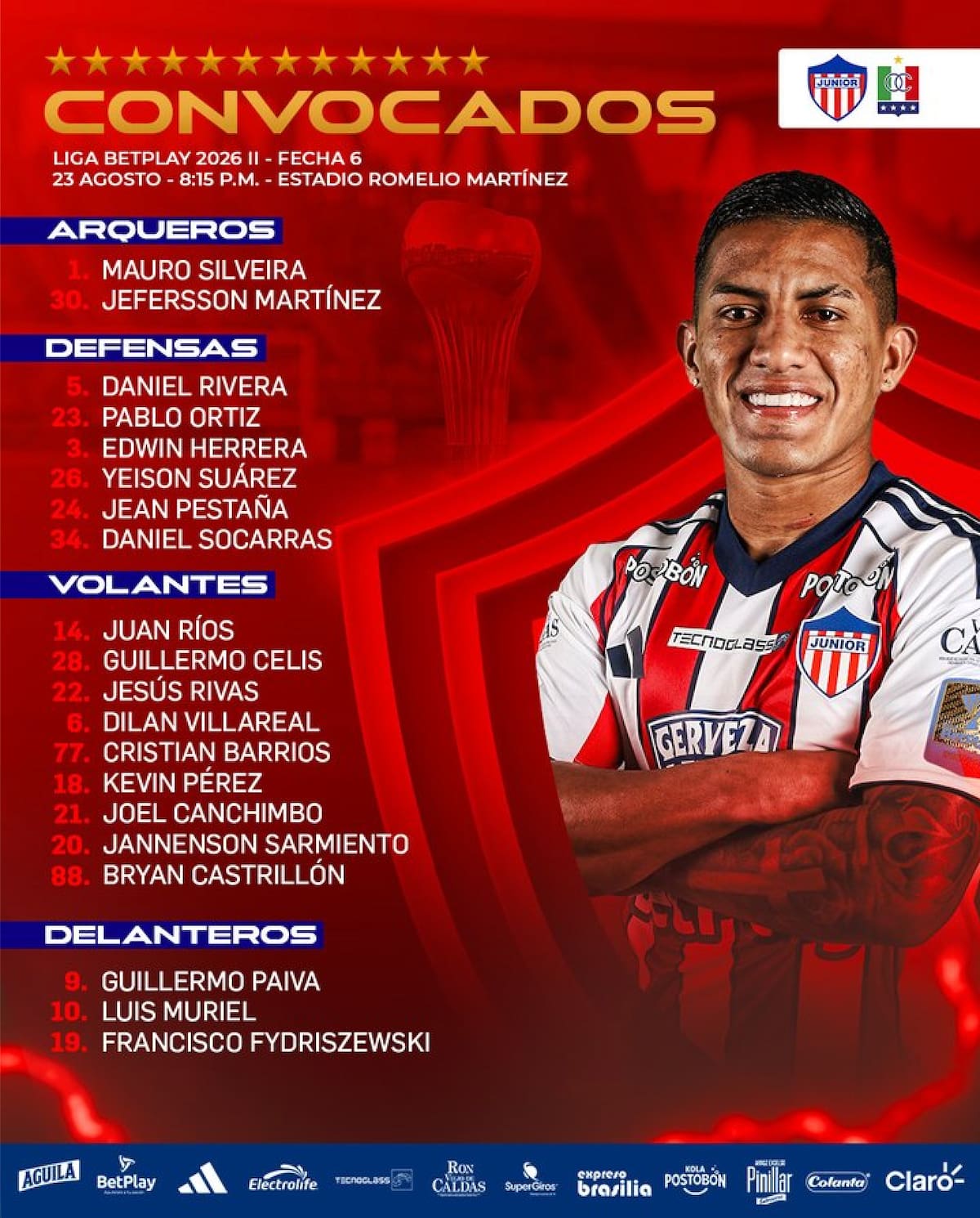 Esta es la lista de jugadores convocada por Junior de Barranquilla para partido ante el Once Caldas este domingo por la noche en el estadio Romelio Martínez.//Cortesía @JuniorClubSA.