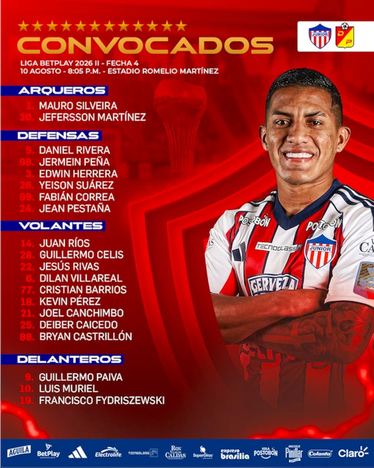sta es la lista de los jugadores convocados por Junior de Barranquilla para enfrentar este lunes al Deportivo Pereira.//Cortesía @JuniorClubSA.