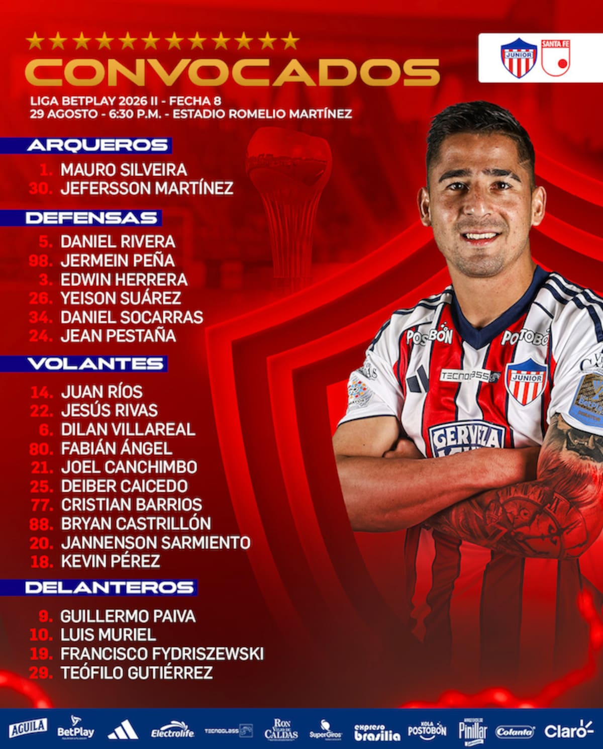Esta es la lista de los jugadores convocados por Junior de Barranquilla para el partido de este sábado frente al Independiente Santa Fe en el Romelio Martínez.//Cortesía @JuniorClubSA.