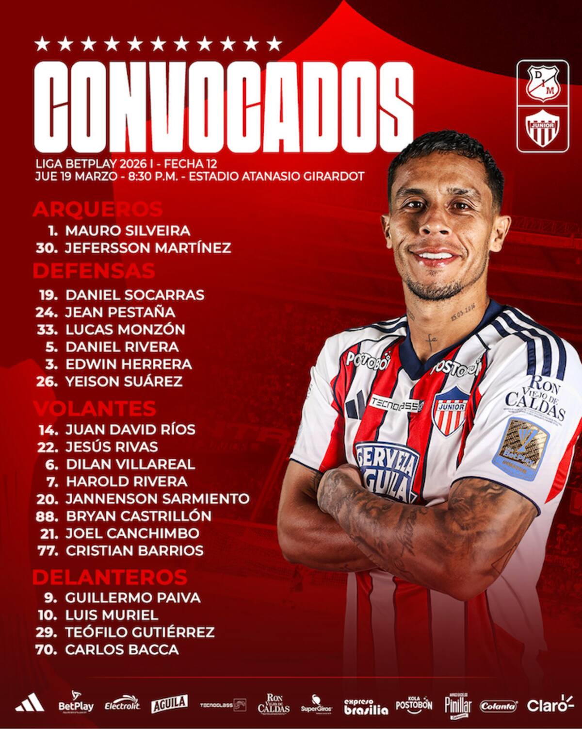 Esta es la lista de los 20 jugadores convocados dos por Junior para el partido de este jueves ante Independiente Medellín por la Liga BetPlay.//Cortesía @JuniorClubSA.