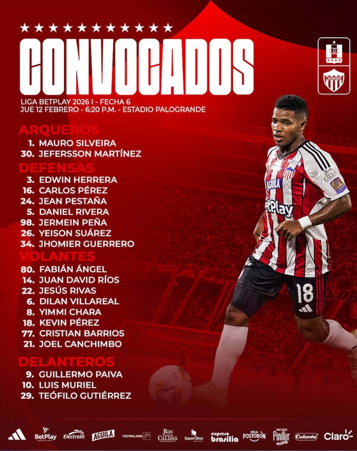 Esta es la lista de convocados por Junior para el juego de este jueves ante el Once Caldas en Manizales por al sexta fecha de la Liga BetPlay Dimayor.//Cortesía @JuniorClubSA.