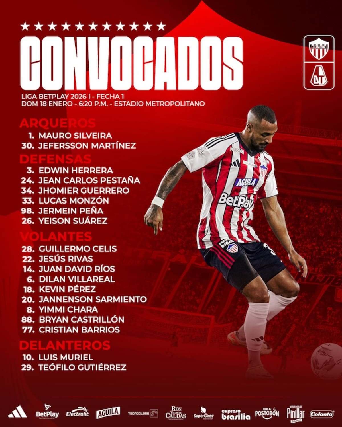 Lista de convocados por Junior para el juego ante Deportes Tolima.//Cortesía @JuniorClubSA.