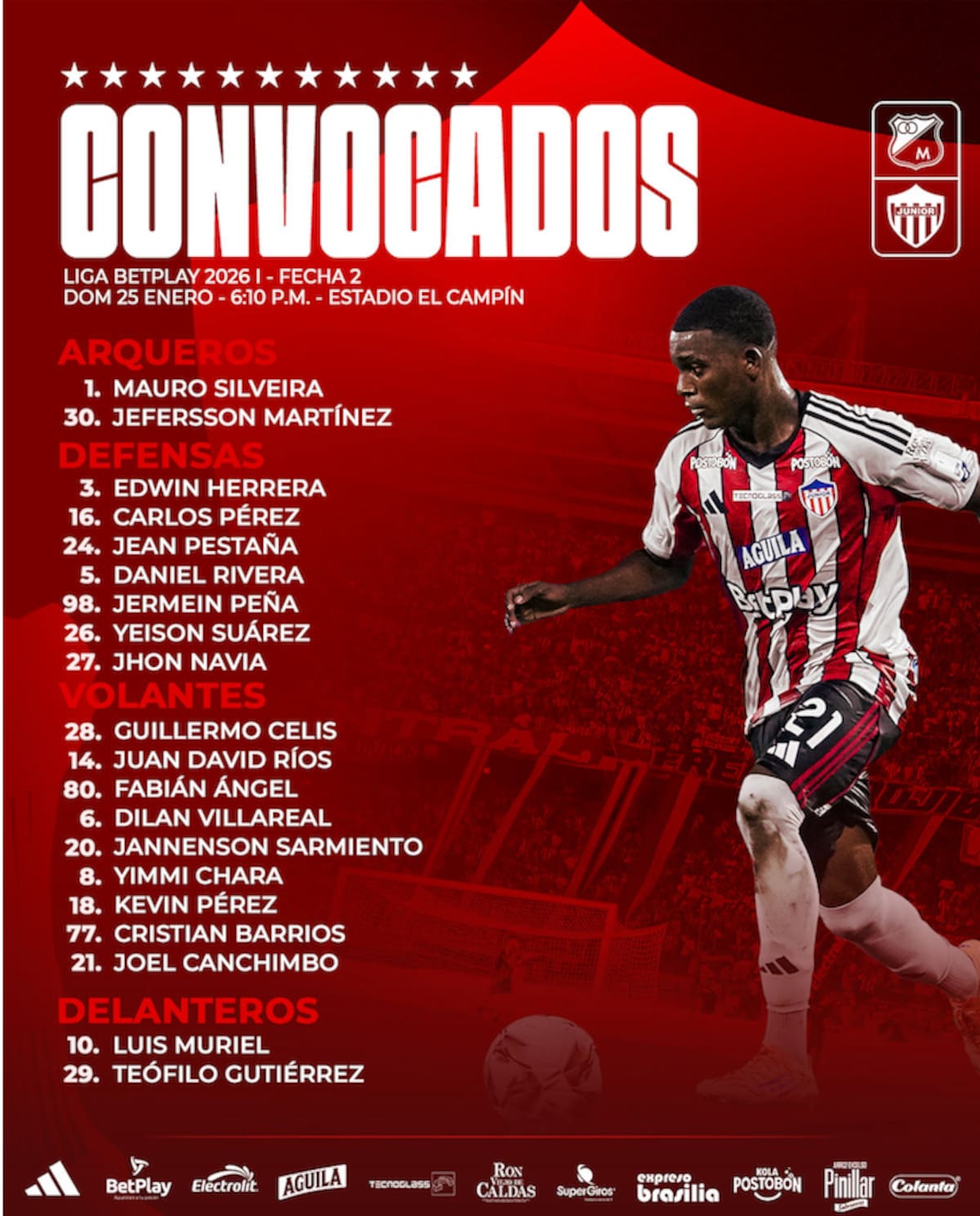 Estos son los jugadores convocados por Junior para enfrentar a Millonarios este domingo en Bogotá.//Cortesía @JuniorClubSA.
